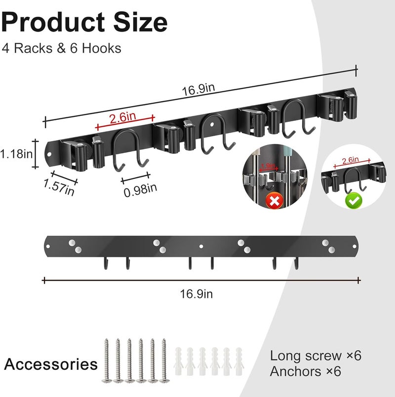 GUUKAR Broom Holder Wall Mount, 2 Packs Black Stainless Steel Tool Storage Organizer for Kitchen Garden Garage Laundry Room Bathroom and RV with 4 Slots 6 Hooks - Image 2